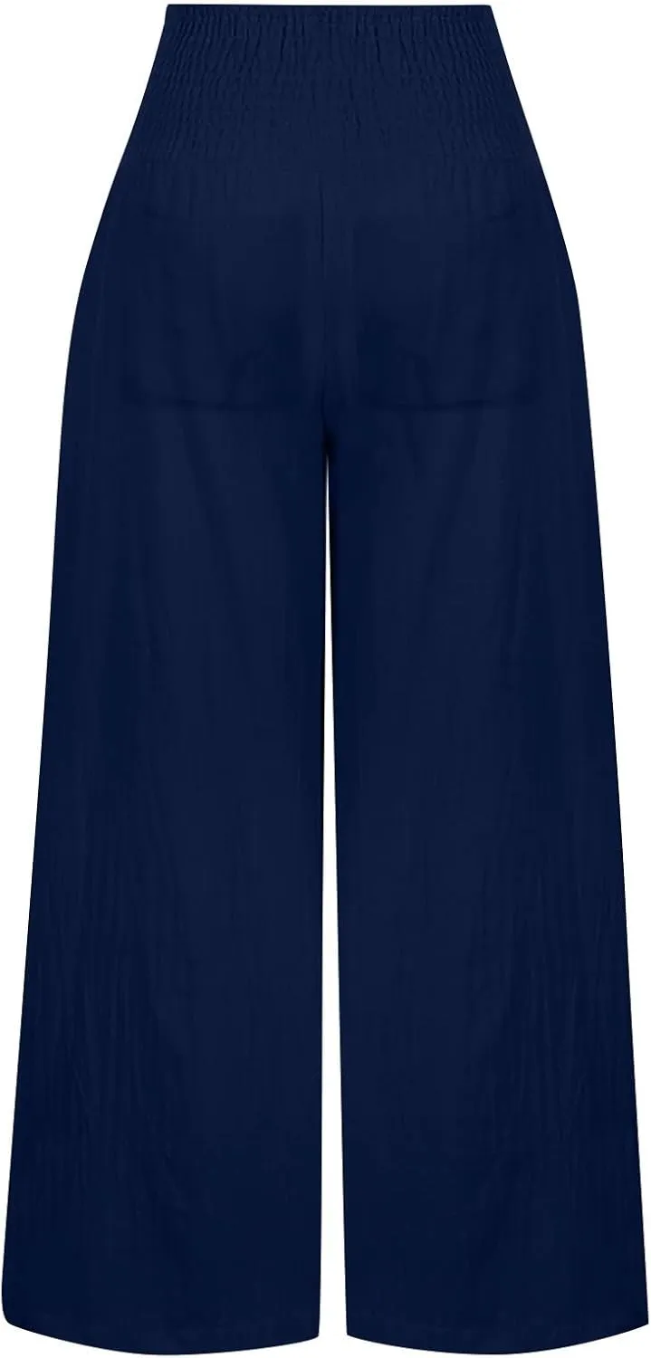 Womens Linen Wide Leg Pants Elastic High Rise Plus Size Paperbag Pants Summer Cotton Flowy Patterned Tall Yoga Pants