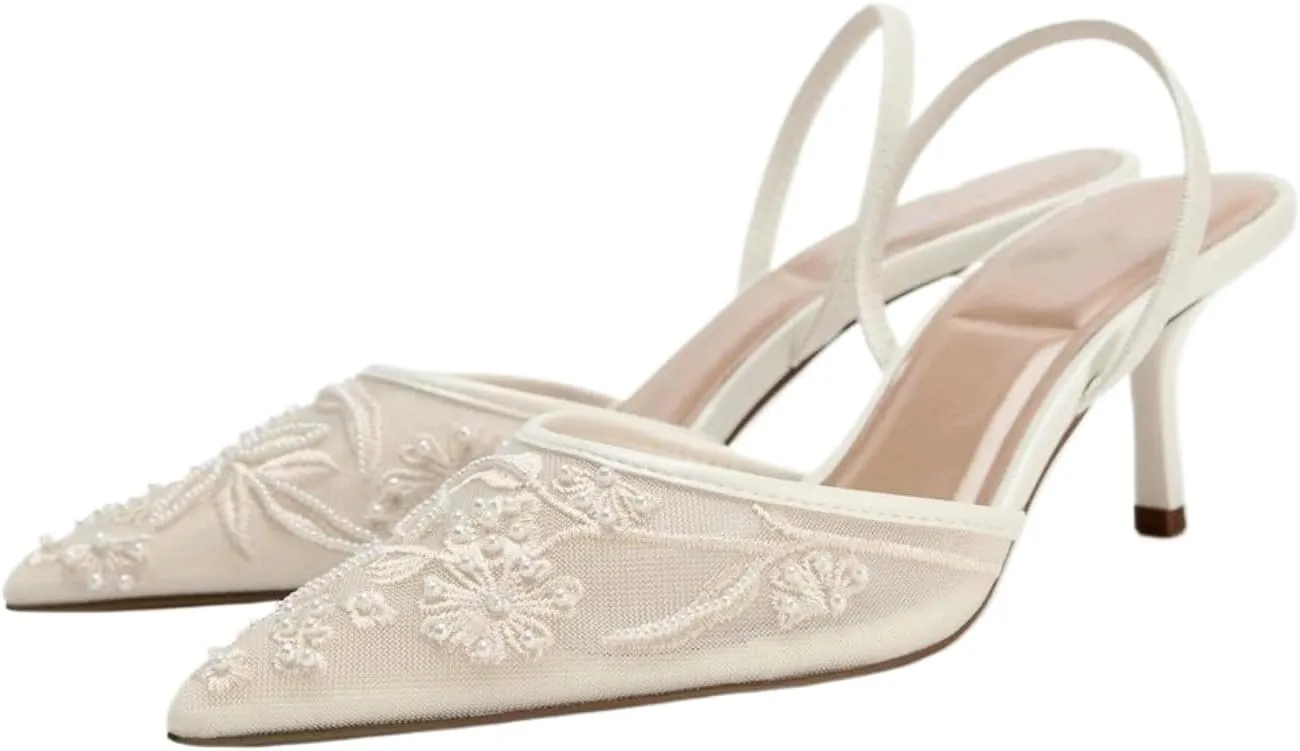 Women's Mesh Floral Embroidered Slingback Heels with Pearl Studded Pointed Toe Lace Heeled Sandals Backless Slip On Kitten Heel Pumps Wedding Party Shoes