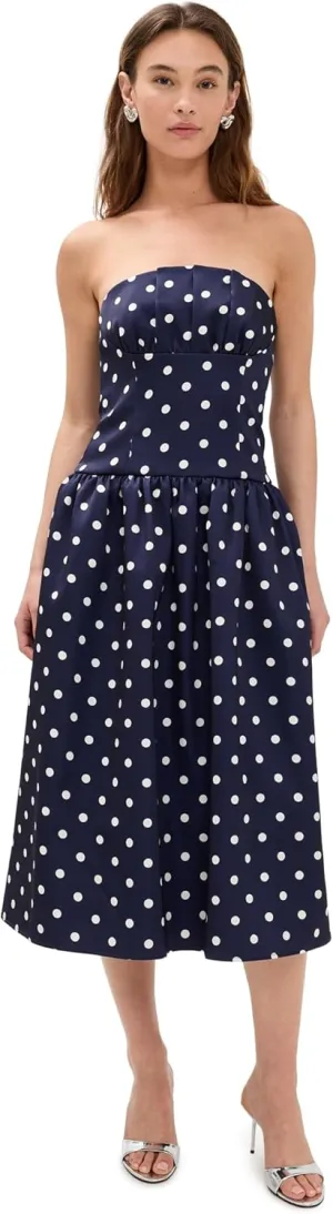 Women's Navy Polka Dot Satin Midi Dress