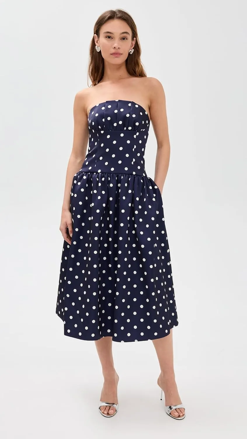 Women's Navy Polka Dot Satin Midi Dress