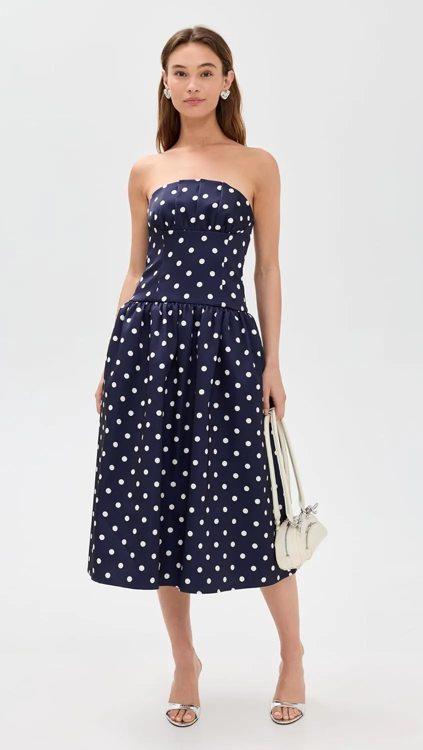 Women's Navy Polka Dot Satin Midi Dress
