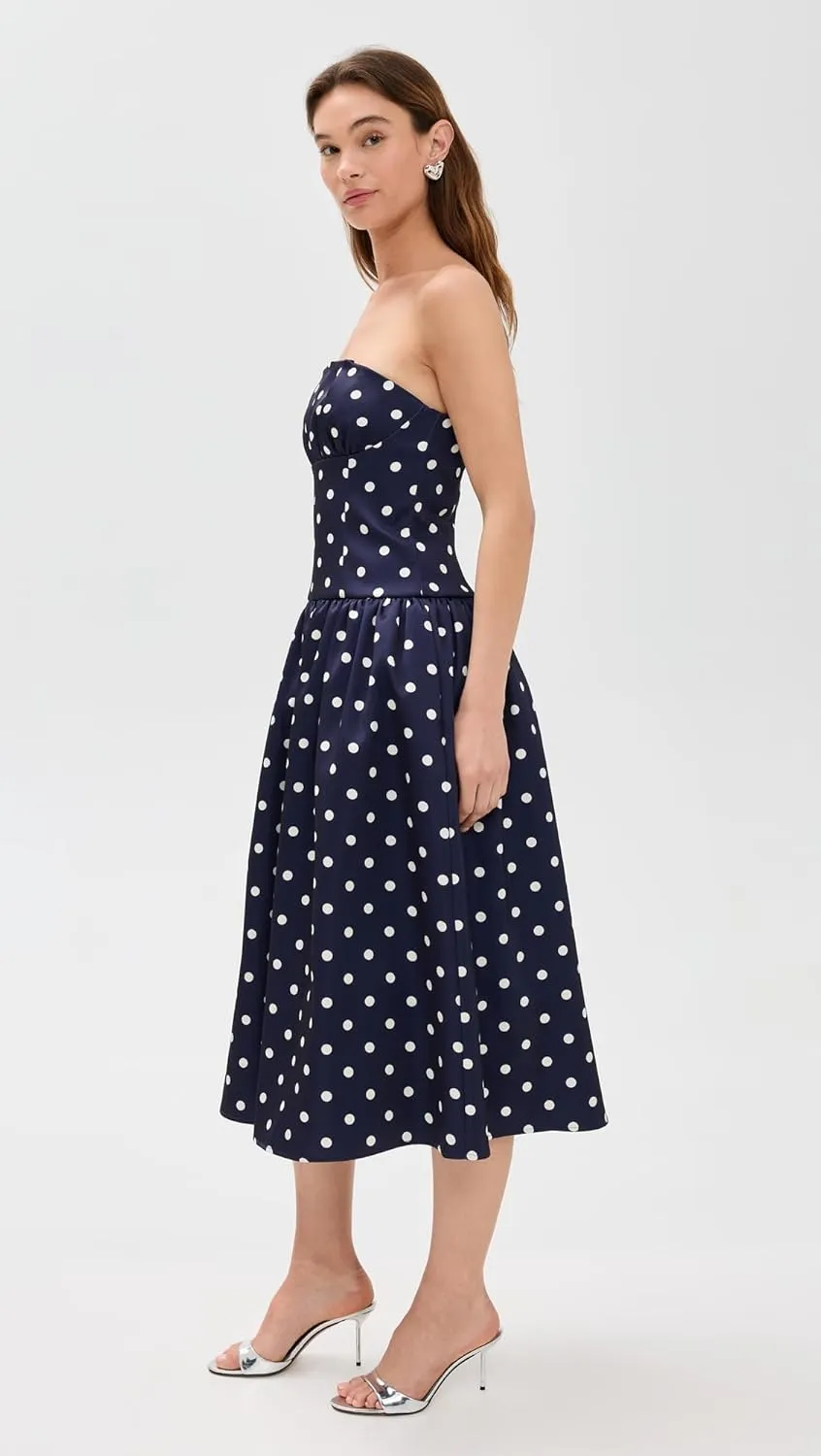 Women's Navy Polka Dot Satin Midi Dress
