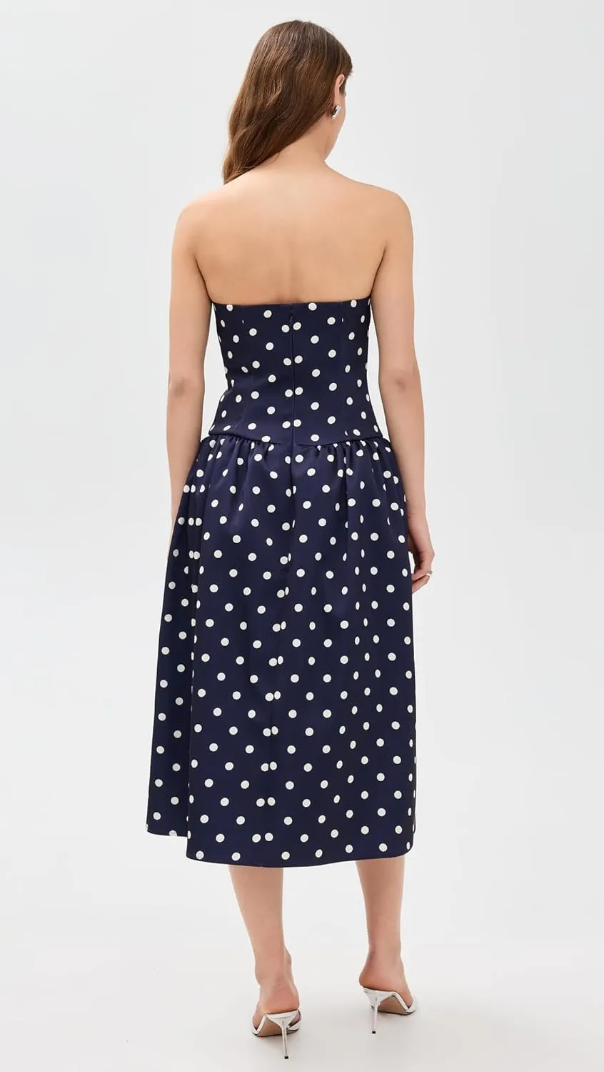 Women's Navy Polka Dot Satin Midi Dress