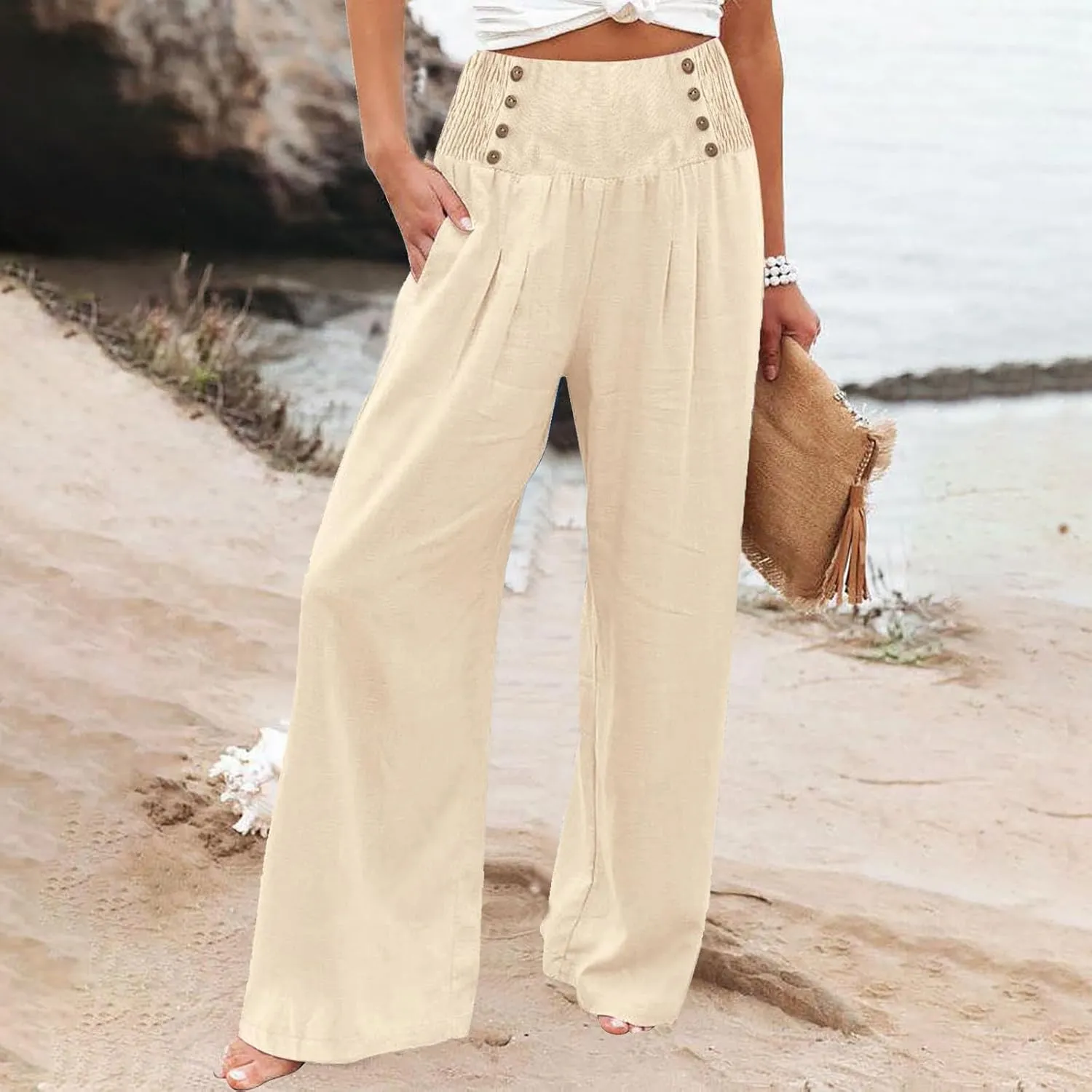 Womens Palazzo Pants Dressy Casual 2024 High Waisted Wide Leg Paperbag Lounge Pants Button Decor Flowy Beach Trousers
