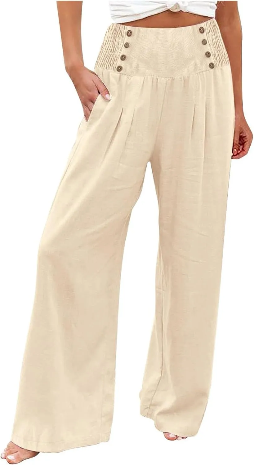 Womens Palazzo Pants Dressy Casual 2024 High Waisted Wide Leg Paperbag Lounge Pants Button Decor Flowy Beach Trousers
