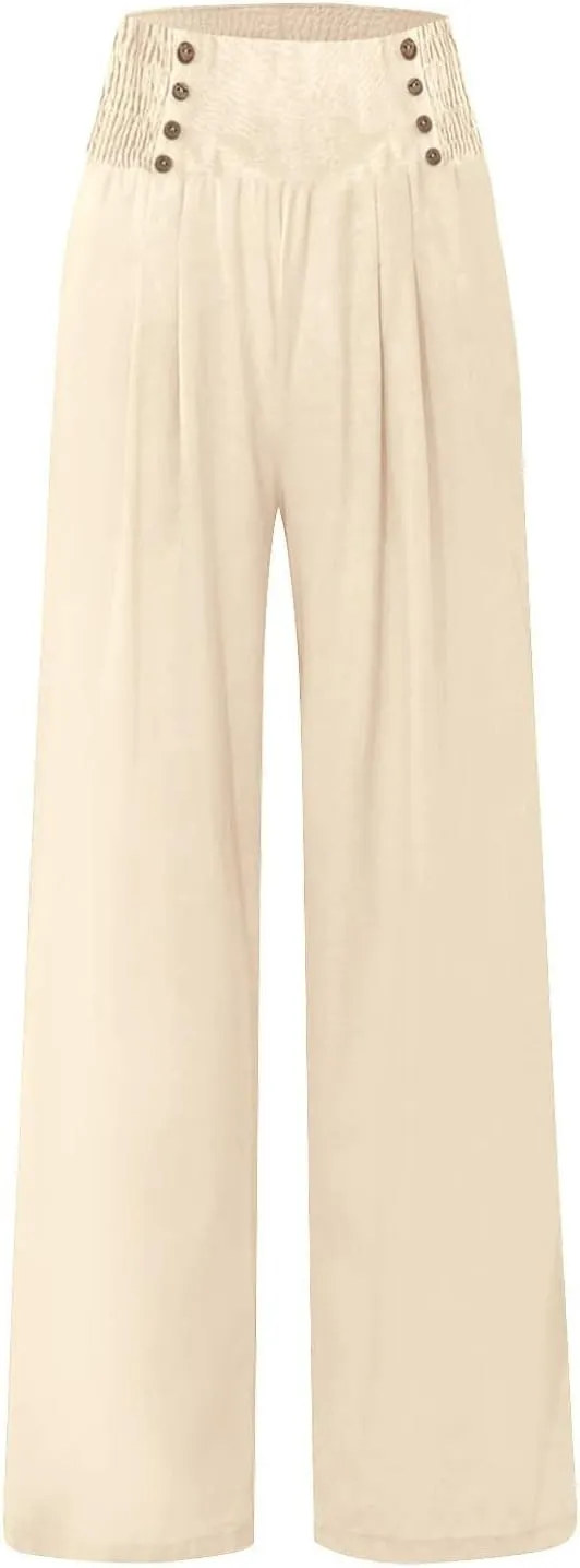 Womens Palazzo Pants Dressy Casual 2024 High Waisted Wide Leg Paperbag Lounge Pants Button Decor Flowy Beach Trousers