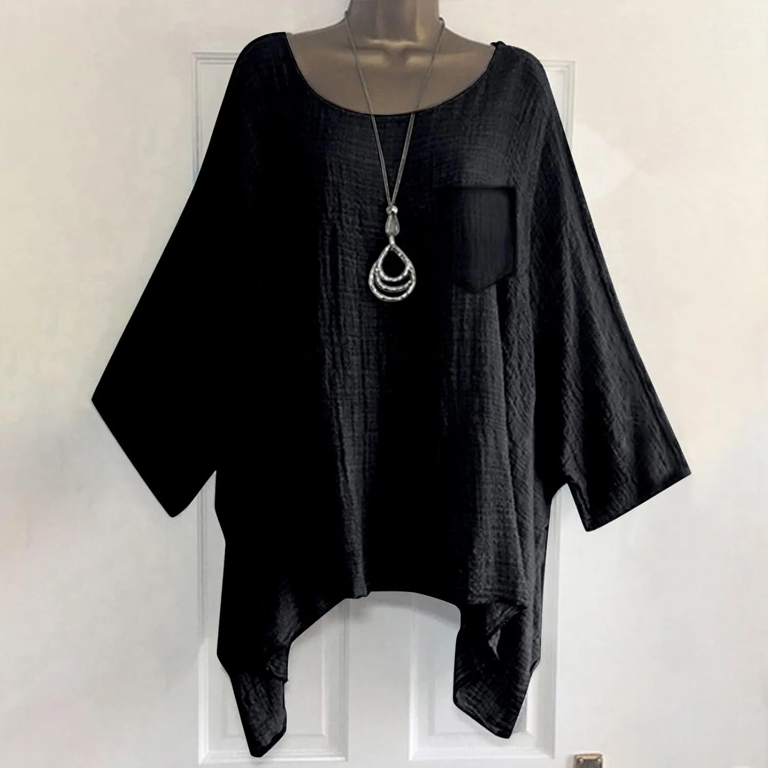 Womens Plus Size Cotton Linen Shirts Elegant 3/4 Sleeve Round Neck Summer Cape Blouses Casual Loose Fit Tunic Tops