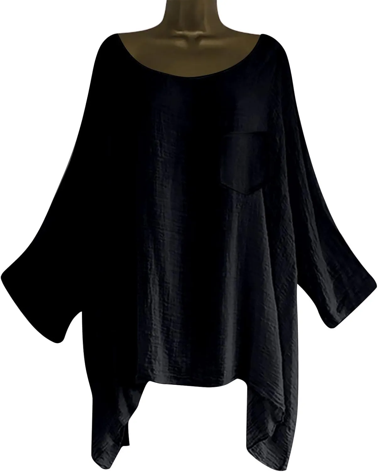 Womens Plus Size Cotton Linen Shirts Elegant 3/4 Sleeve Round Neck Summer Cape Blouses Casual Loose Fit Tunic Tops