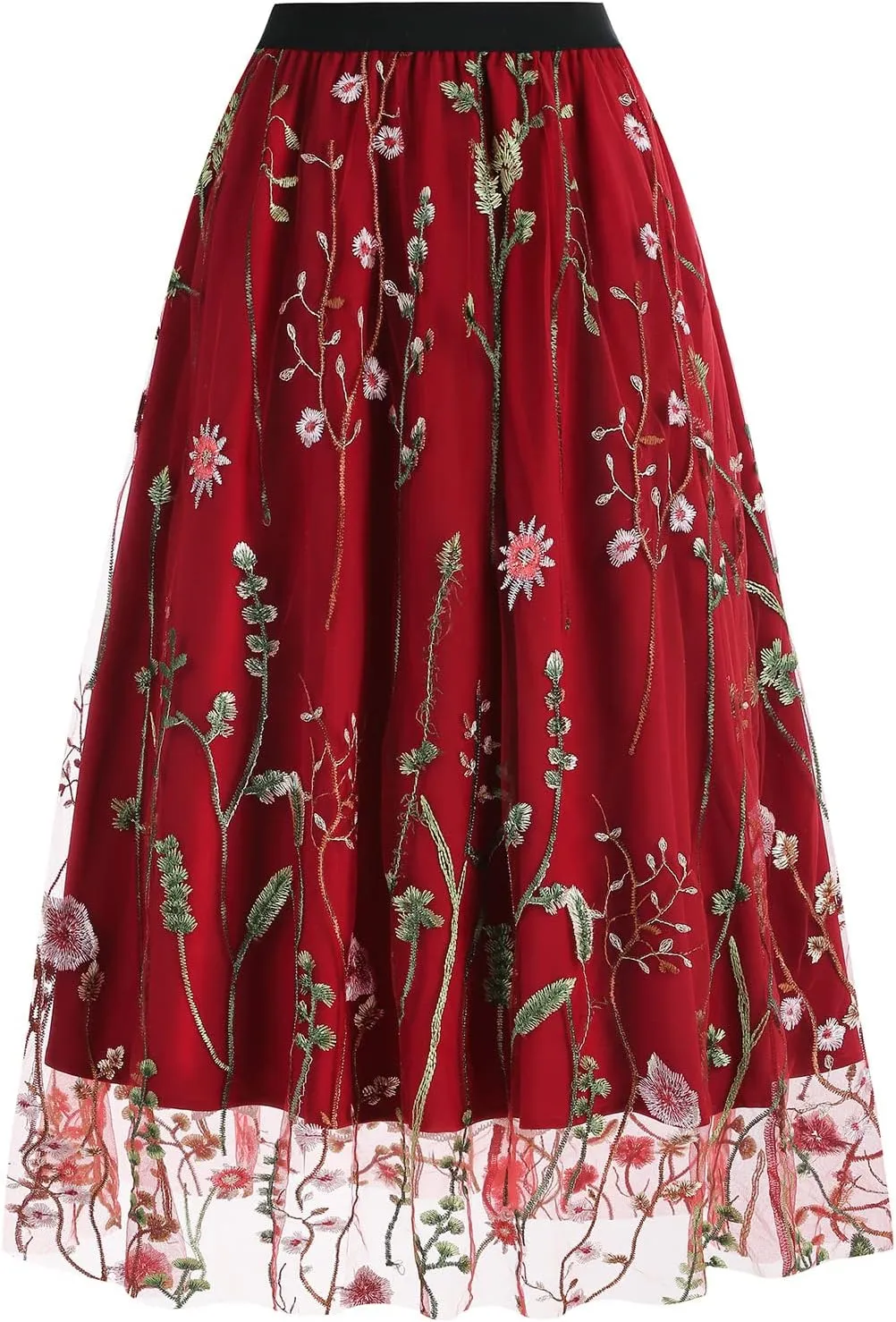 Women's Retro 50s Vintage 1950s Floral Tulle Embroidery Flared A-Line Pleated Midi Skirts