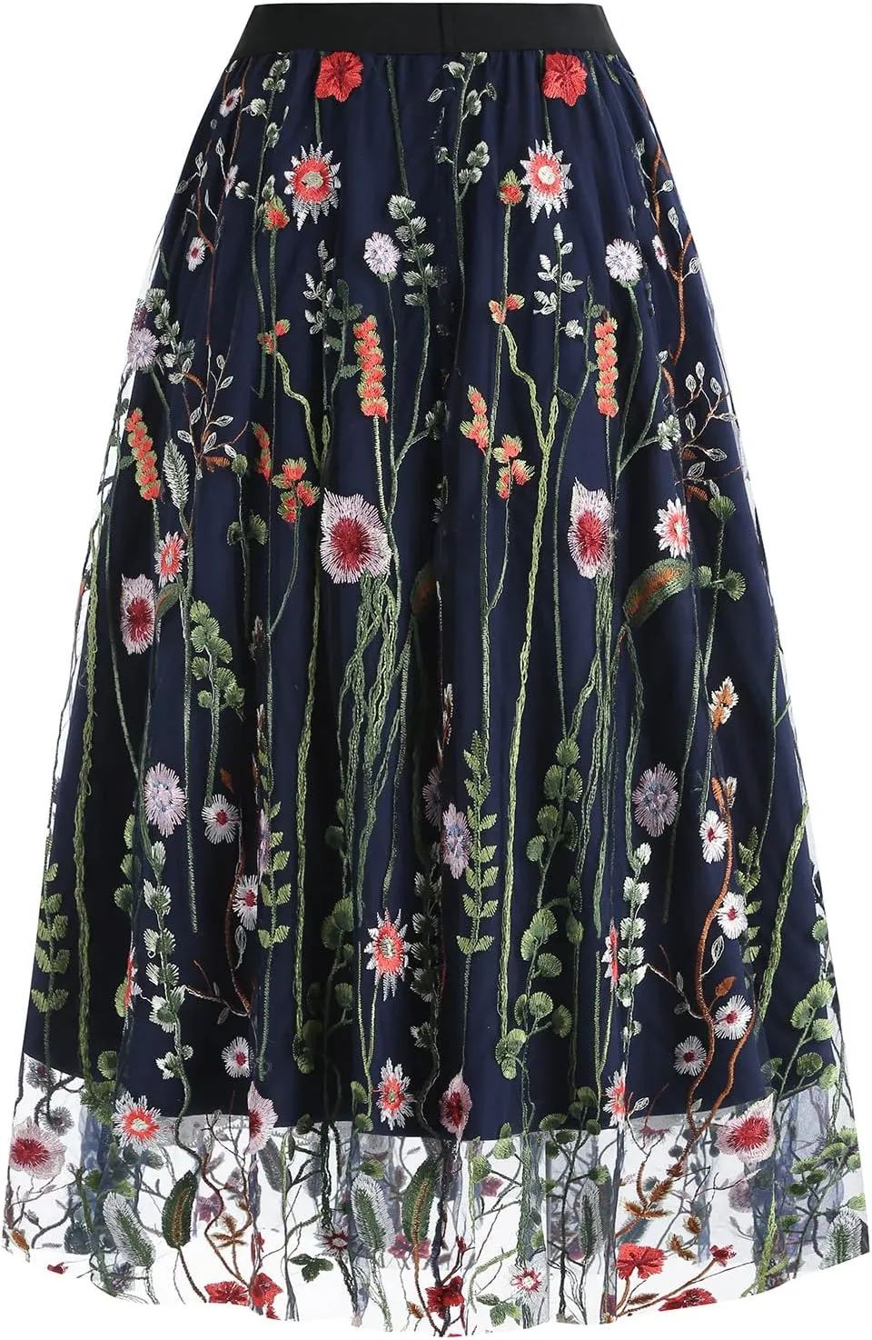 Women's Retro 50s Vintage 1950s Floral Tulle Embroidery Flared A-Line Pleated Midi Skirts