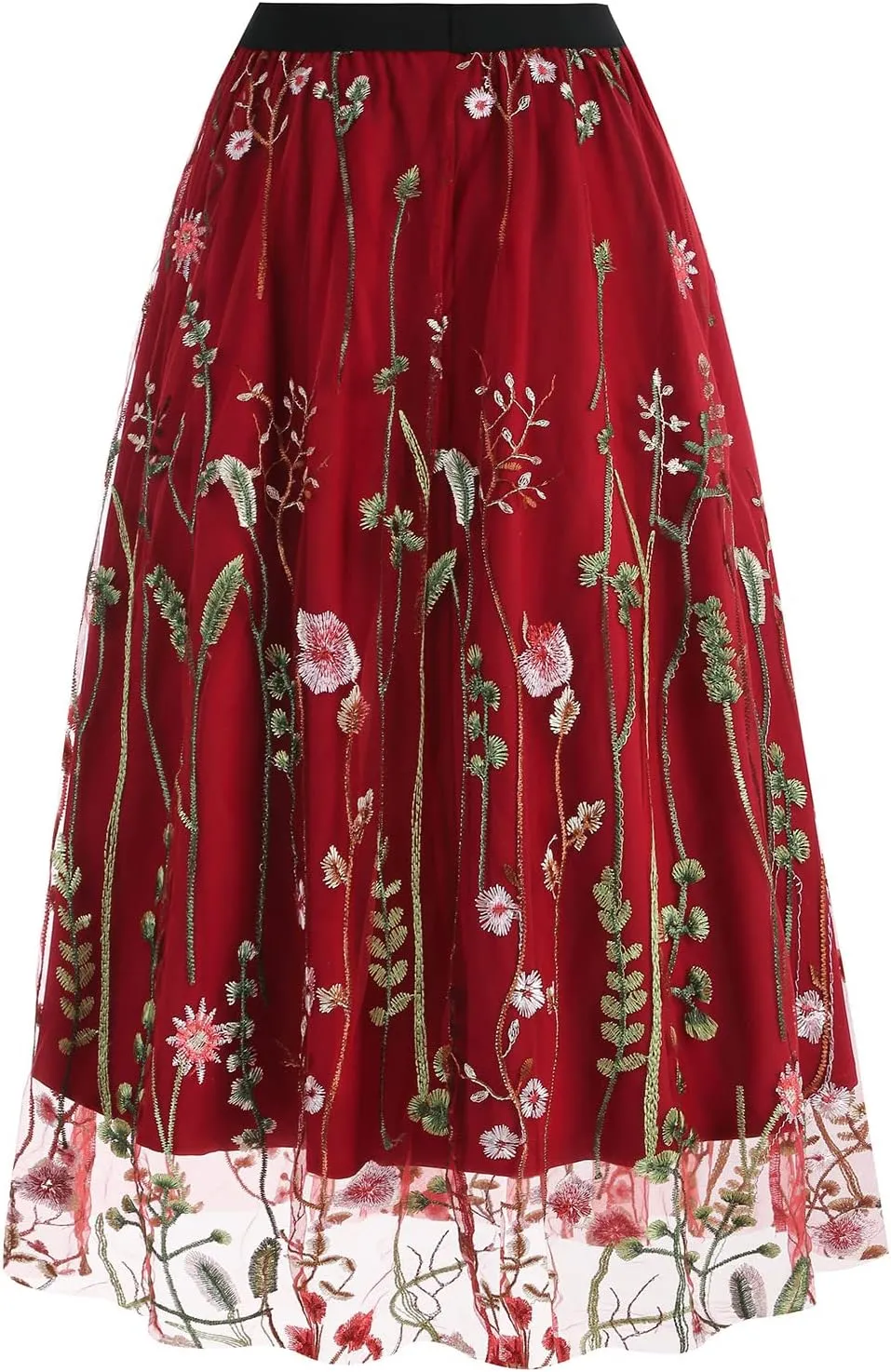 Women's Retro 50s Vintage 1950s Floral Tulle Embroidery Flared A-Line Pleated Midi Skirts