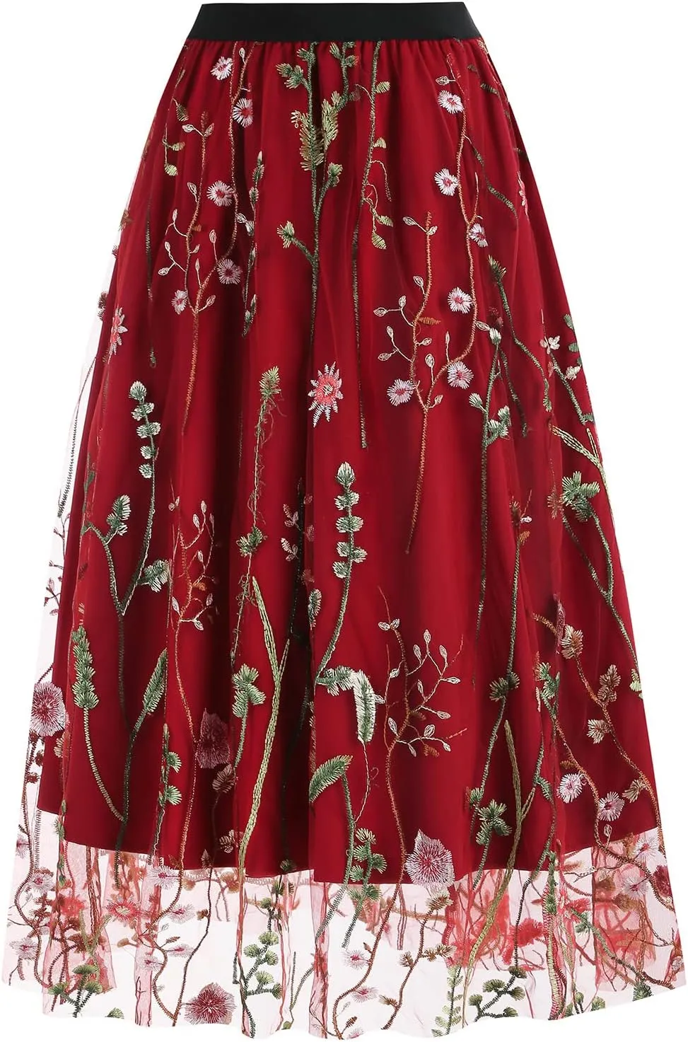 Women's Retro 50s Vintage 1950s Floral Tulle Embroidery Flared A-Line Pleated Midi Skirts