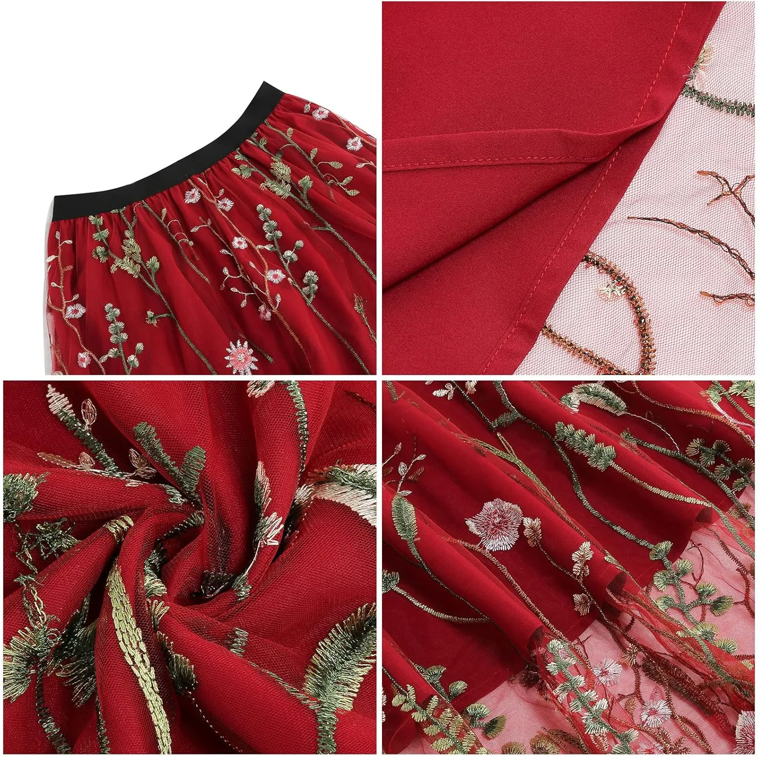 Women's Retro 50s Vintage 1950s Floral Tulle Embroidery Flared A-Line Pleated Midi Skirts