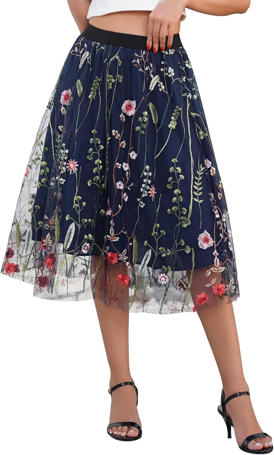 Women's Retro 50s Vintage 1950s Floral Tulle Embroidery Flared A-Line Pleated Midi Skirts