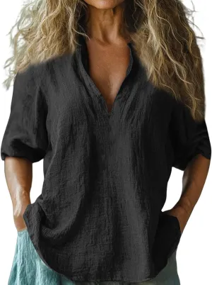 Womens Roll Up Sleeve Linen Shirts Casual Relaxed Fit V Neck Office T Shirts Vacation Stylish Solid Cruise Wear 2025
