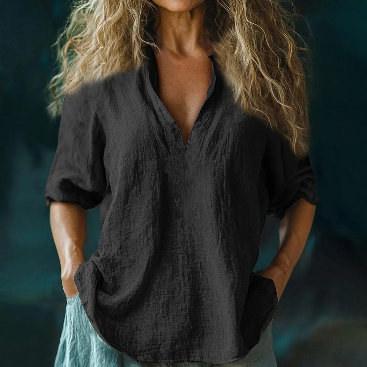 Womens Roll Up Sleeve Linen Shirts Casual Relaxed Fit V Neck Office T Shirts Vacation Stylish Solid Cruise Wear 2025