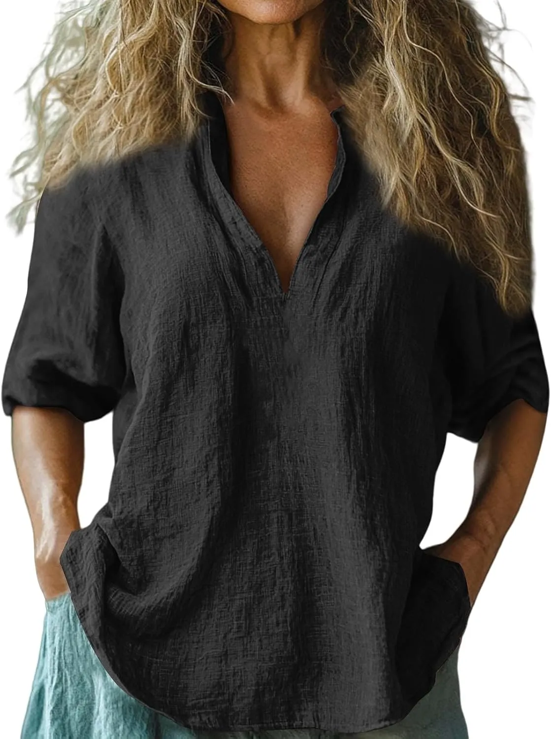 Womens Roll Up Sleeve Linen Shirts Casual Relaxed Fit V Neck Office T Shirts Vacation Stylish Solid Cruise Wear 2025