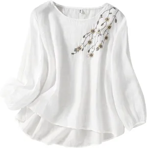 Women's Short Sleeve Cotton Linen Shirts Casual Round Neck Basic T-Shirt Floral Print Loose Fit Summer Tshirts
