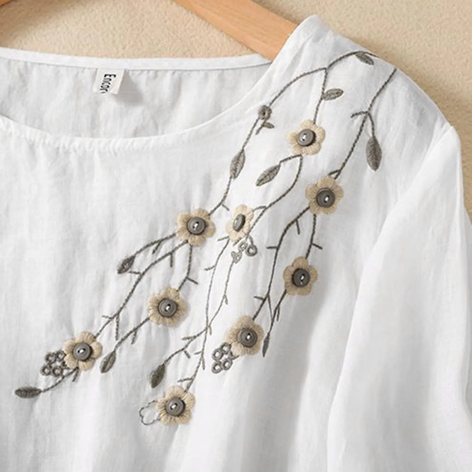 Women's Short Sleeve Cotton Linen Shirts Casual Round Neck Basic T-Shirt Floral Print Loose Fit Summer Tshirts
