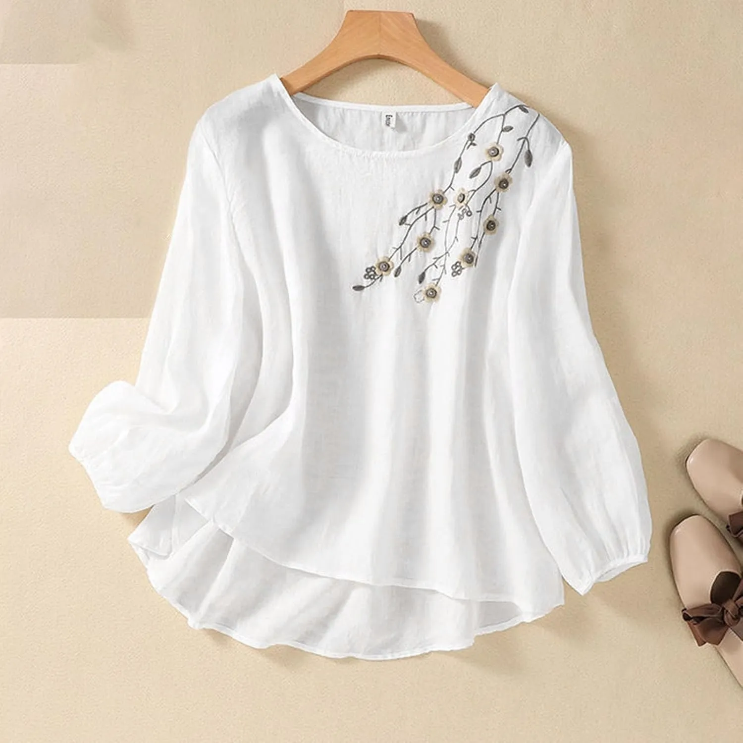 Women's Short Sleeve Cotton Linen Shirts Casual Round Neck Basic T-Shirt Floral Print Loose Fit Summer Tshirts