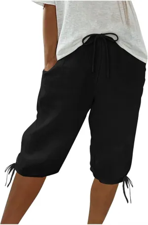 Womens Shorts 2025 Summer Fashion Linen Shorts Bermuda Knee Length Casual Loose Pants Workout Pants