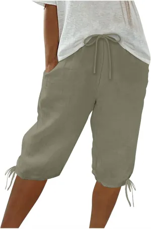 Womens Shorts 2025 Summer Fashion Linen Shorts Bermuda Knee Length Casual Loose Pants Workout Pants