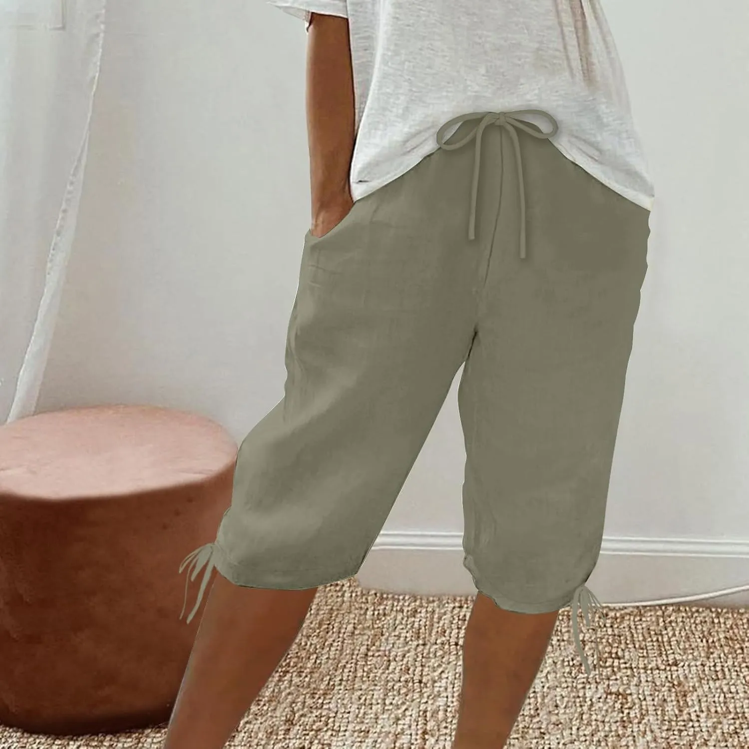 Womens Shorts 2025 Summer Fashion Linen Shorts Bermuda Knee Length Casual Loose Pants Workout Pants