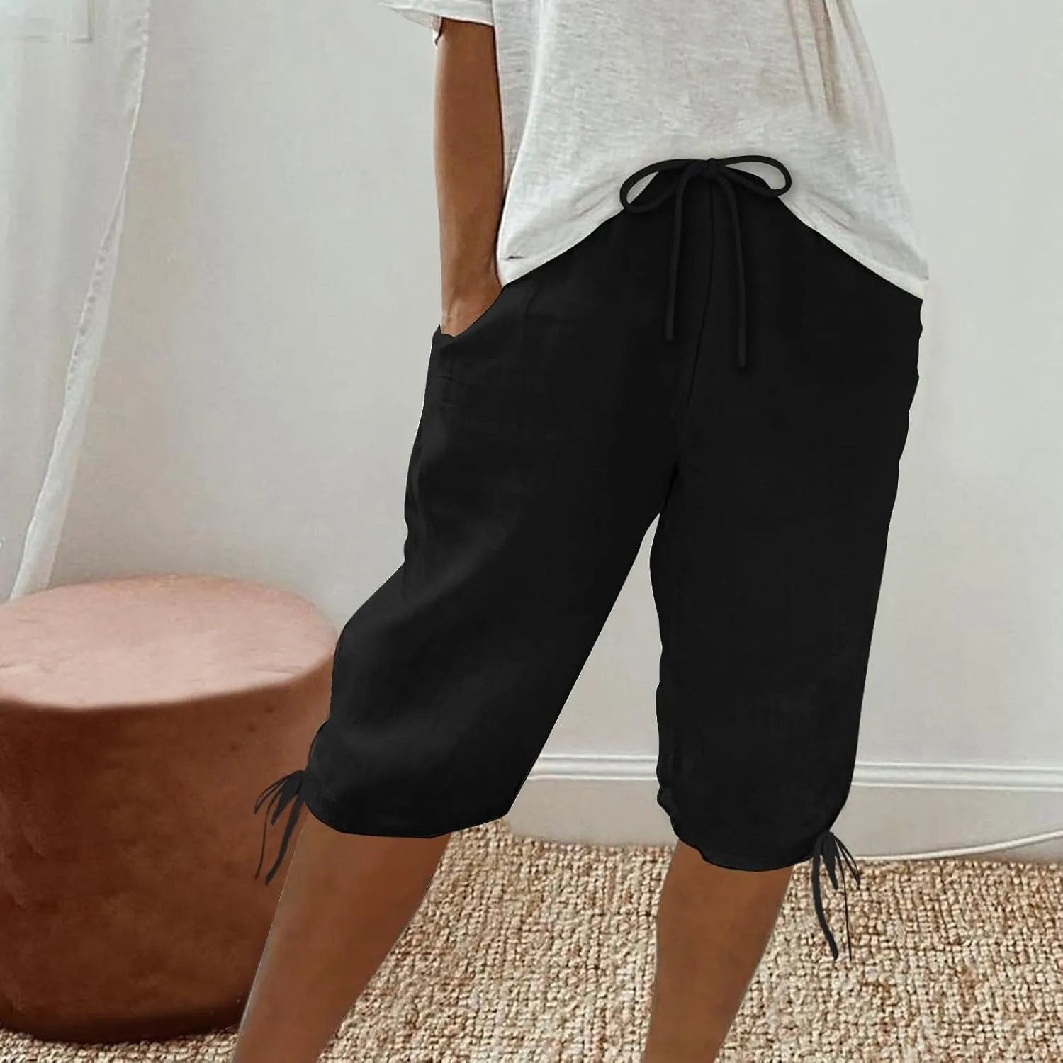 Womens Shorts 2025 Summer Fashion Linen Shorts Bermuda Knee Length Casual Loose Pants Workout Pants