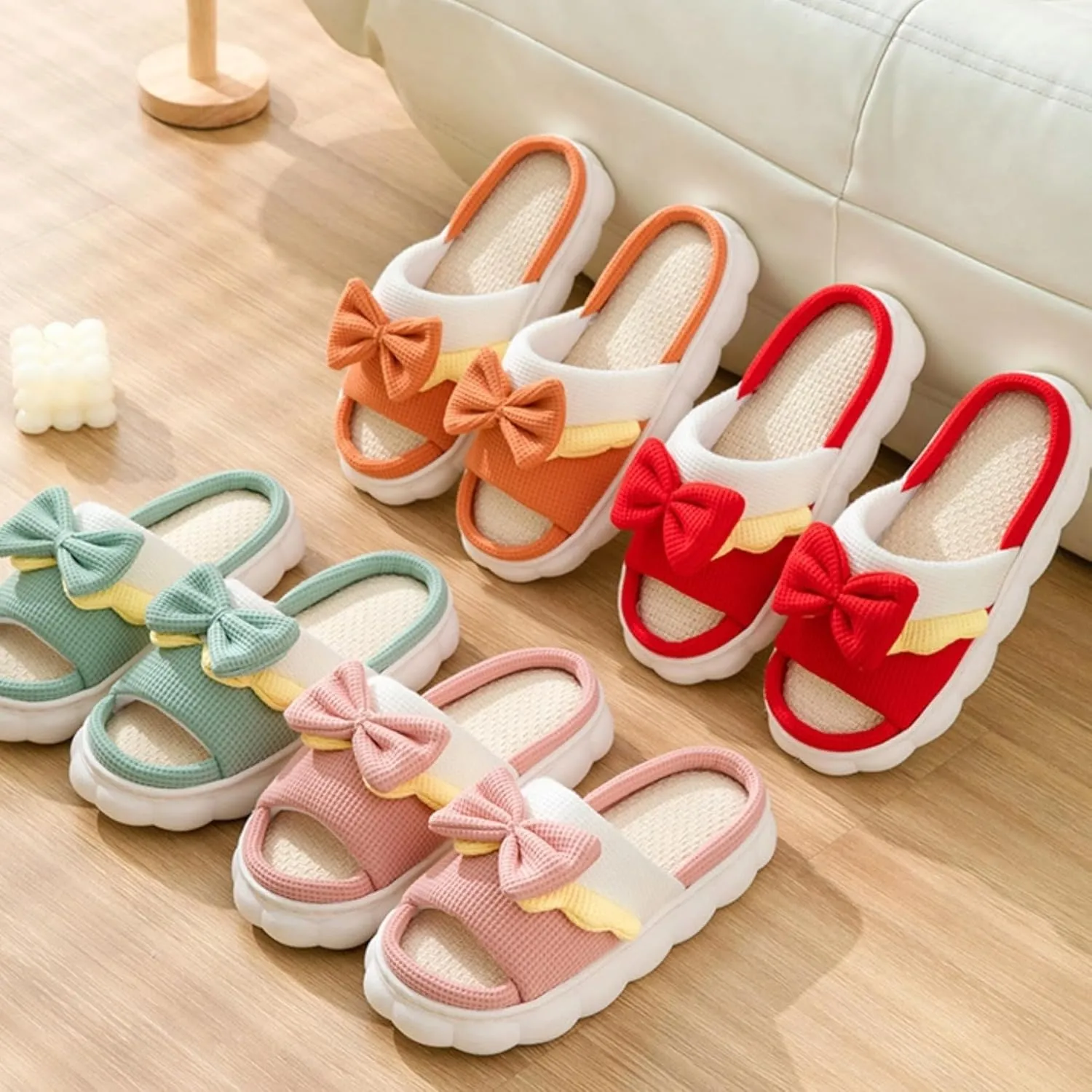 Women's Slippers Linen Four Seasons Home Slippers Bow Tie Comfy Slippers Indoor Slippers Lightweight Soft Slippers House Slippers Outdoor Open Toe Summer Shoes
