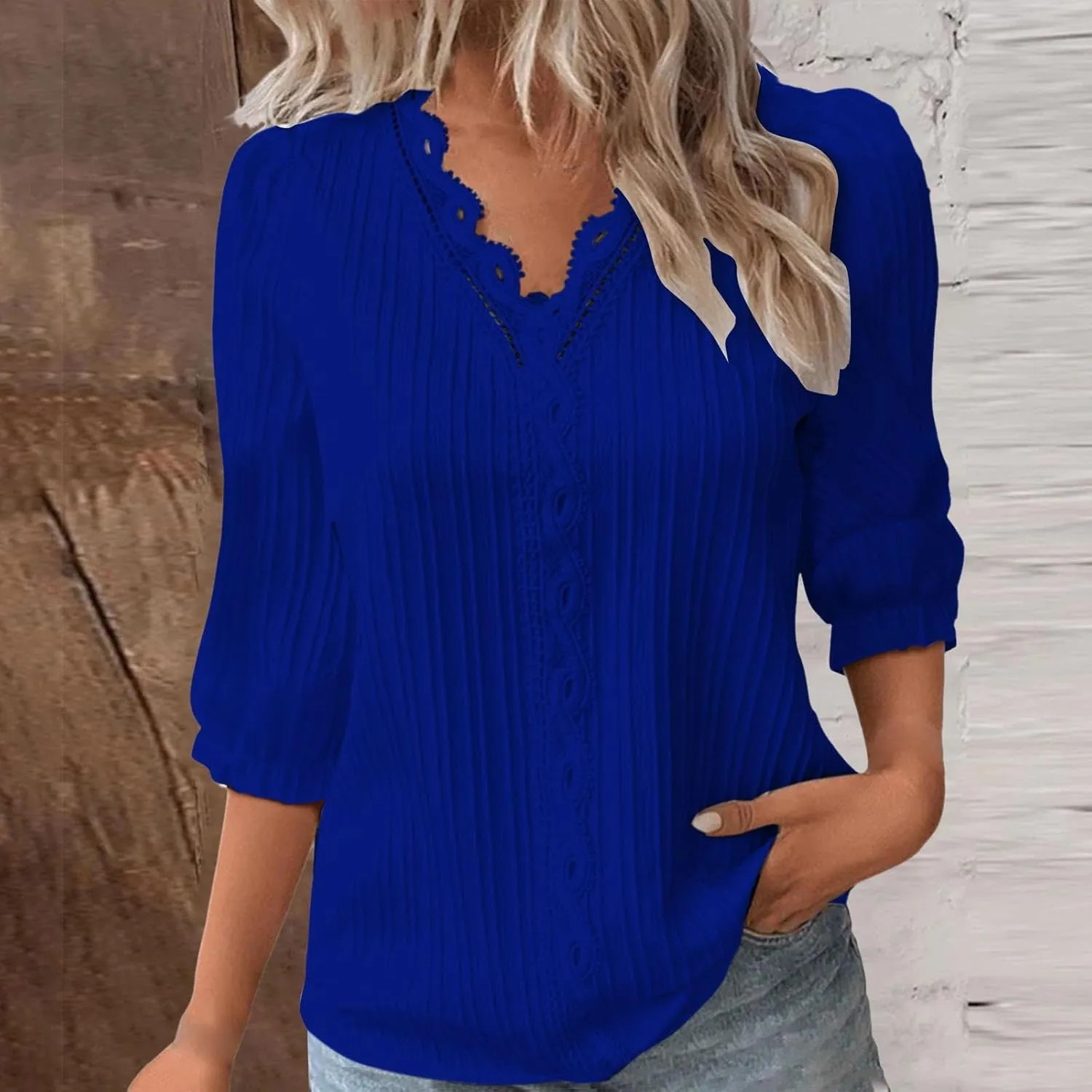 Womens Spring Tops 2025 Trendy Casual Elegant Textured Solid Blouses Lace V Neck 3/4 Puff Sleeve Pullover Tunic Tops