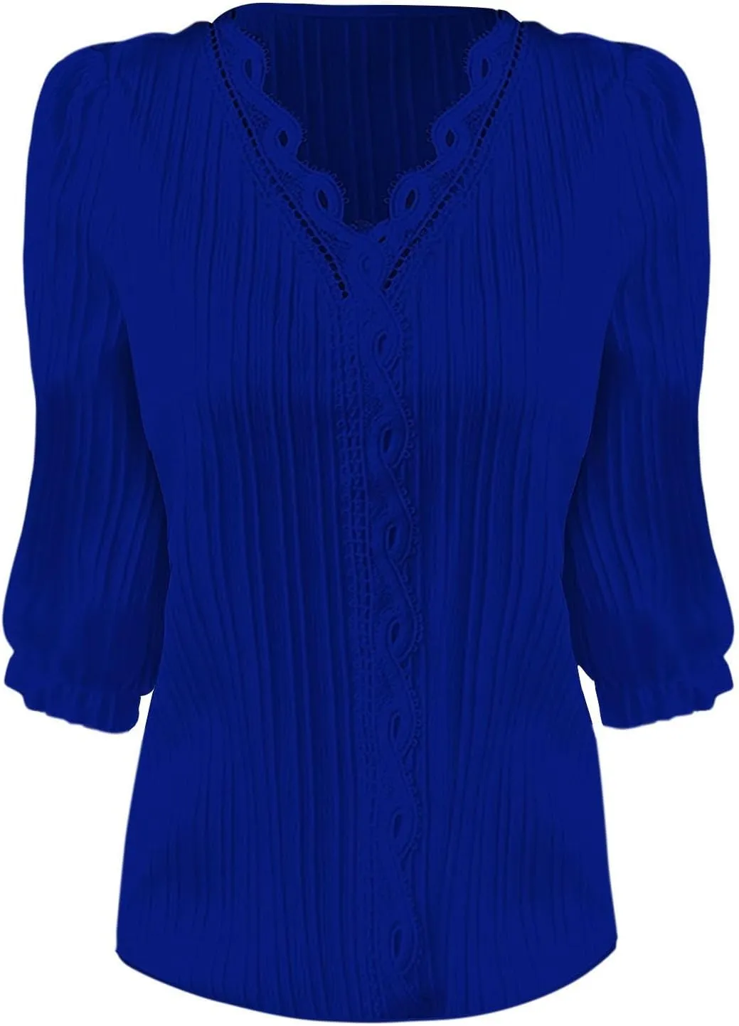 Womens Spring Tops 2025 Trendy Casual Elegant Textured Solid Blouses Lace V Neck 3/4 Puff Sleeve Pullover Tunic Tops