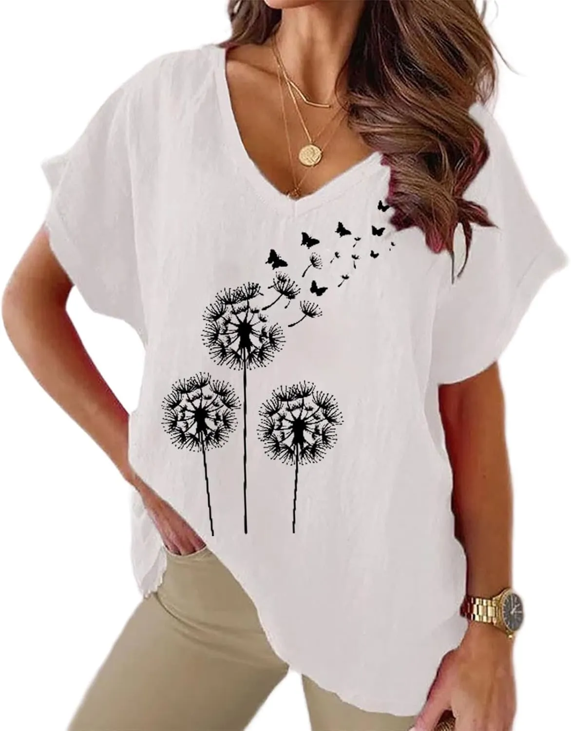 Women's Summer Cotton Linen Boho Floral Short Sleeve Tunic Top Casual Loose Comfy V Neck Blouse Shirt Plus Size