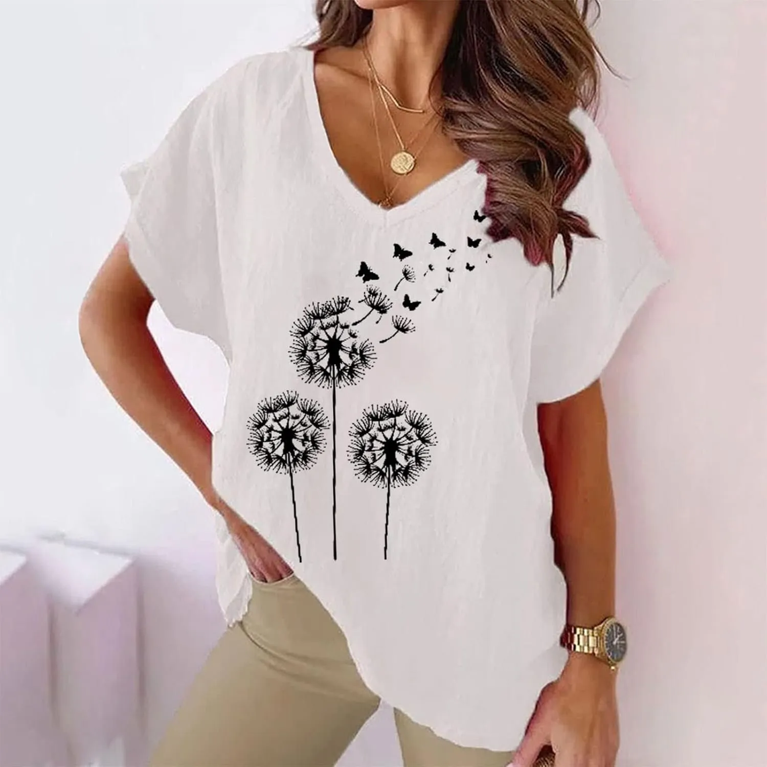 Women's Summer Cotton Linen Boho Floral Short Sleeve Tunic Top Casual Loose Comfy V Neck Blouse Shirt Plus Size