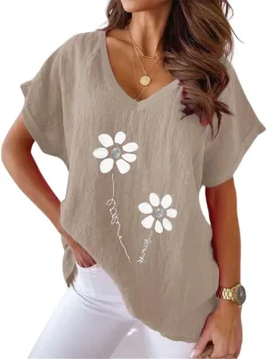 Women's Summer Cotton Linen Boho Floral Short Sleeve Tunic Top Casual Loose Comfy V Neck Blouse Shirt Plus Size