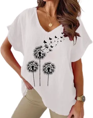 Women's Summer Cotton Linen Boho Floral Short Sleeve Tunic Top Casual Loose Comfy V Neck Blouse Shirt Plus Size