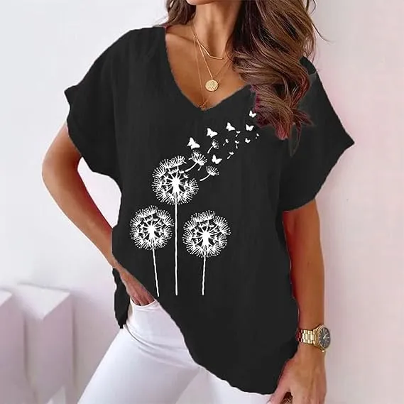 Women's Summer Cotton Linen Boho Floral Short Sleeve Tunic Top Casual Loose Comfy V Neck Blouse Shirt Plus Size