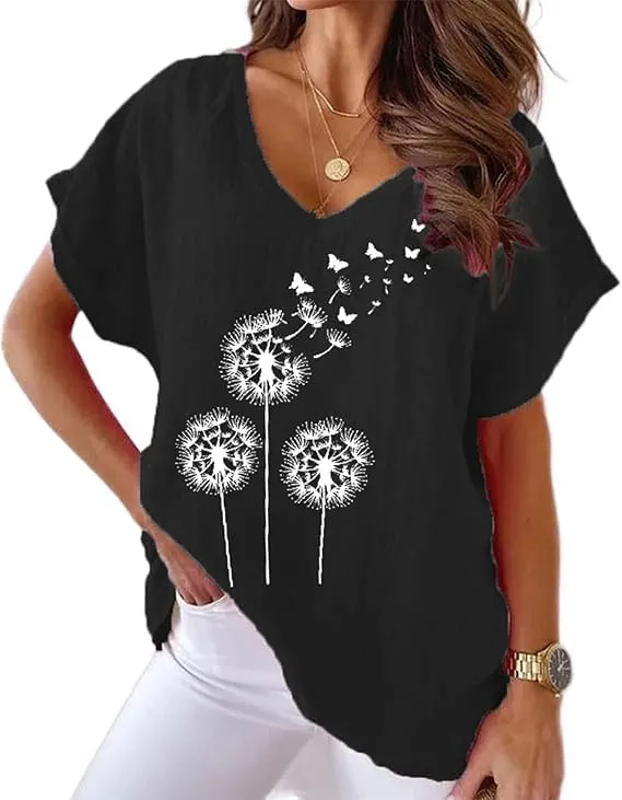 Women's Summer Cotton Linen Boho Floral Short Sleeve Tunic Top Casual Loose Comfy V Neck Blouse Shirt Plus Size