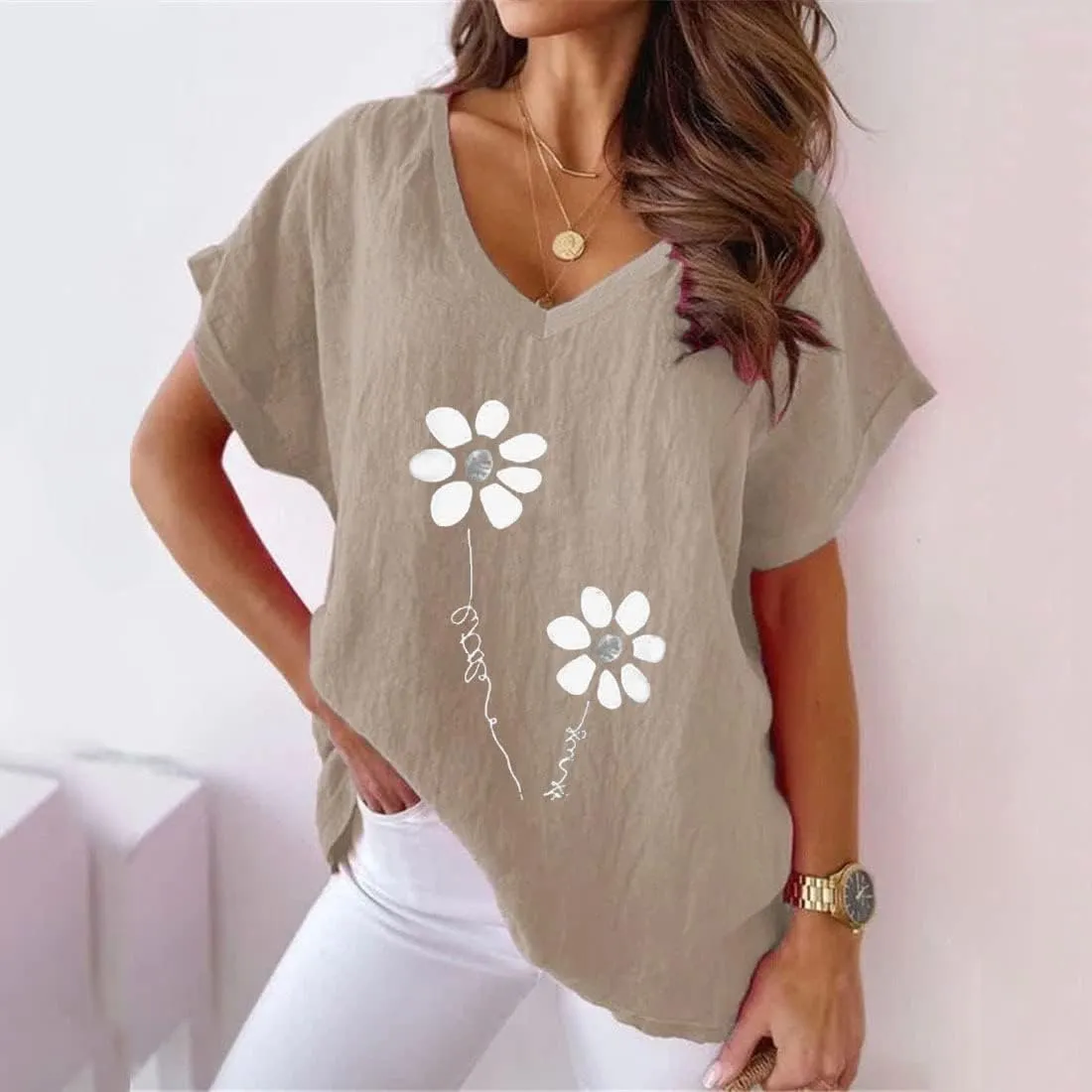 Women's Summer Cotton Linen Boho Floral Short Sleeve Tunic Top Casual Loose Comfy V Neck Blouse Shirt Plus Size