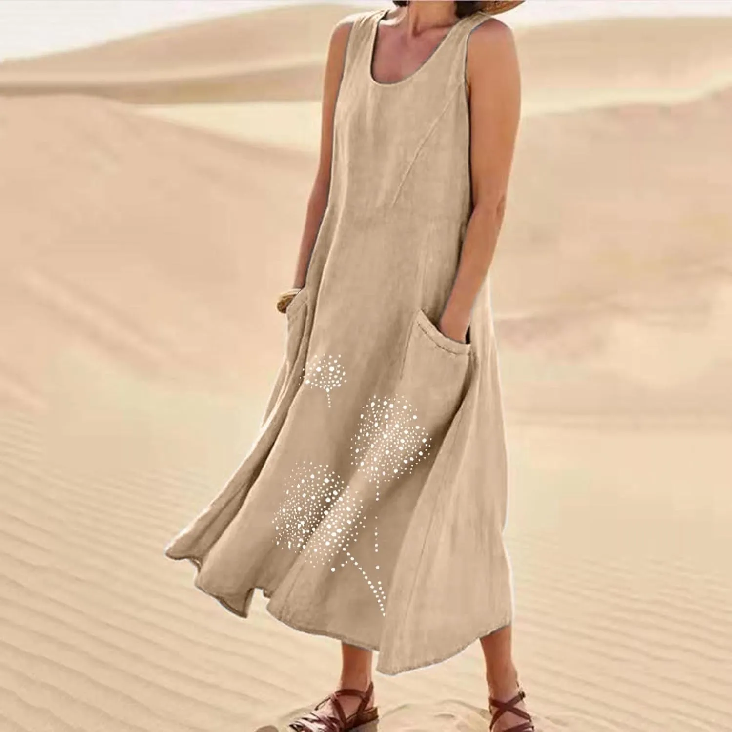 Womens Summer Cotton Linen Long Dress Loose Fit Sleeveless Flowy Dresses 2025 Plus Size Casual Dress with Pockets