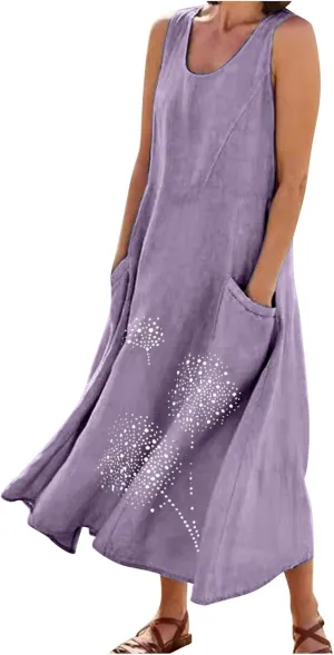 Womens Summer Cotton Linen Long Dress Loose Fit Sleeveless Flowy Dresses 2025 Plus Size Casual Dress with Pockets