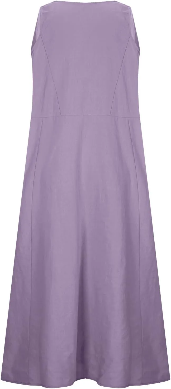 Womens Summer Cotton Linen Long Dress Loose Fit Sleeveless Flowy Dresses 2025 Plus Size Casual Dress with Pockets