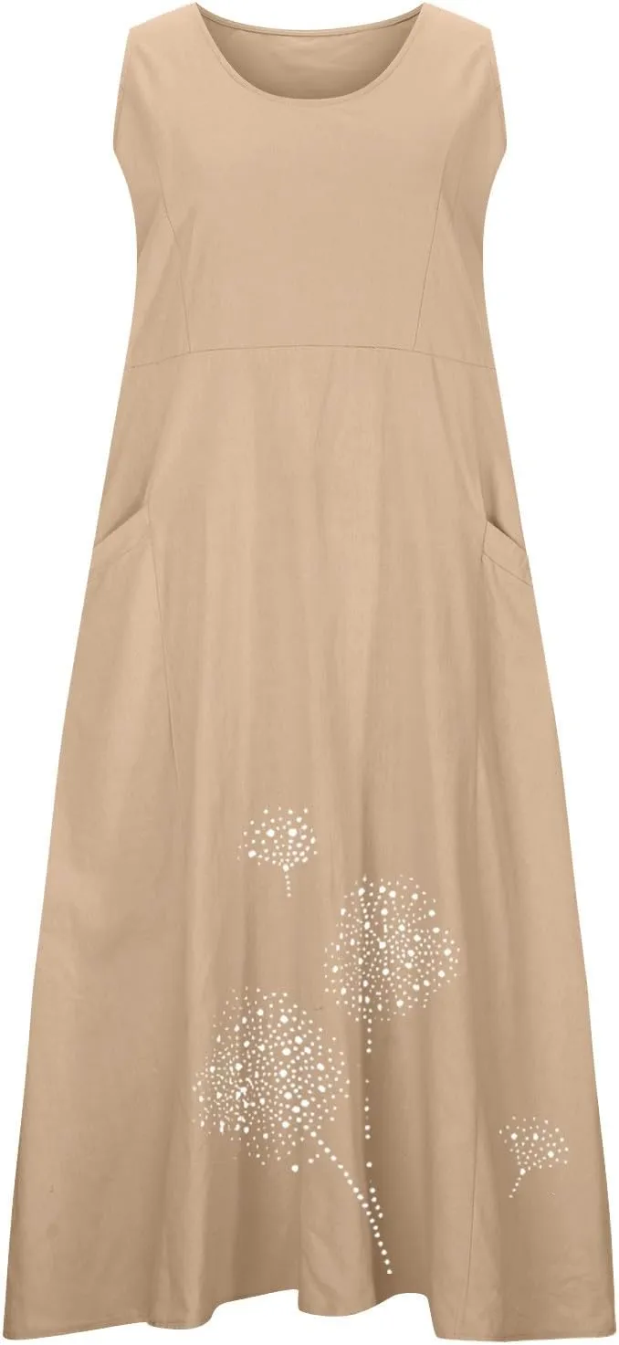 Womens Summer Cotton Linen Long Dress Loose Fit Sleeveless Flowy Dresses 2025 Plus Size Casual Dress with Pockets