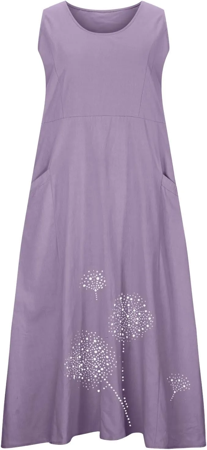 Womens Summer Cotton Linen Long Dress Loose Fit Sleeveless Flowy Dresses 2025 Plus Size Casual Dress with Pockets