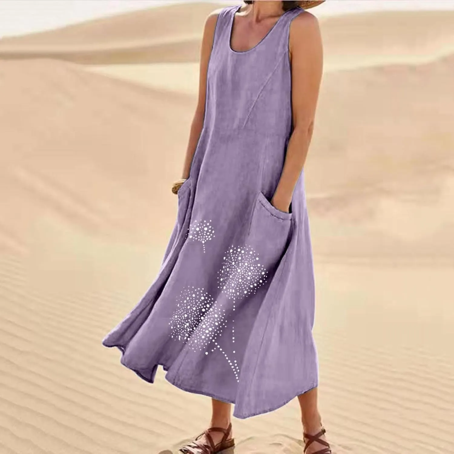 Womens Summer Cotton Linen Long Dress Loose Fit Sleeveless Flowy Dresses 2025 Plus Size Casual Dress with Pockets