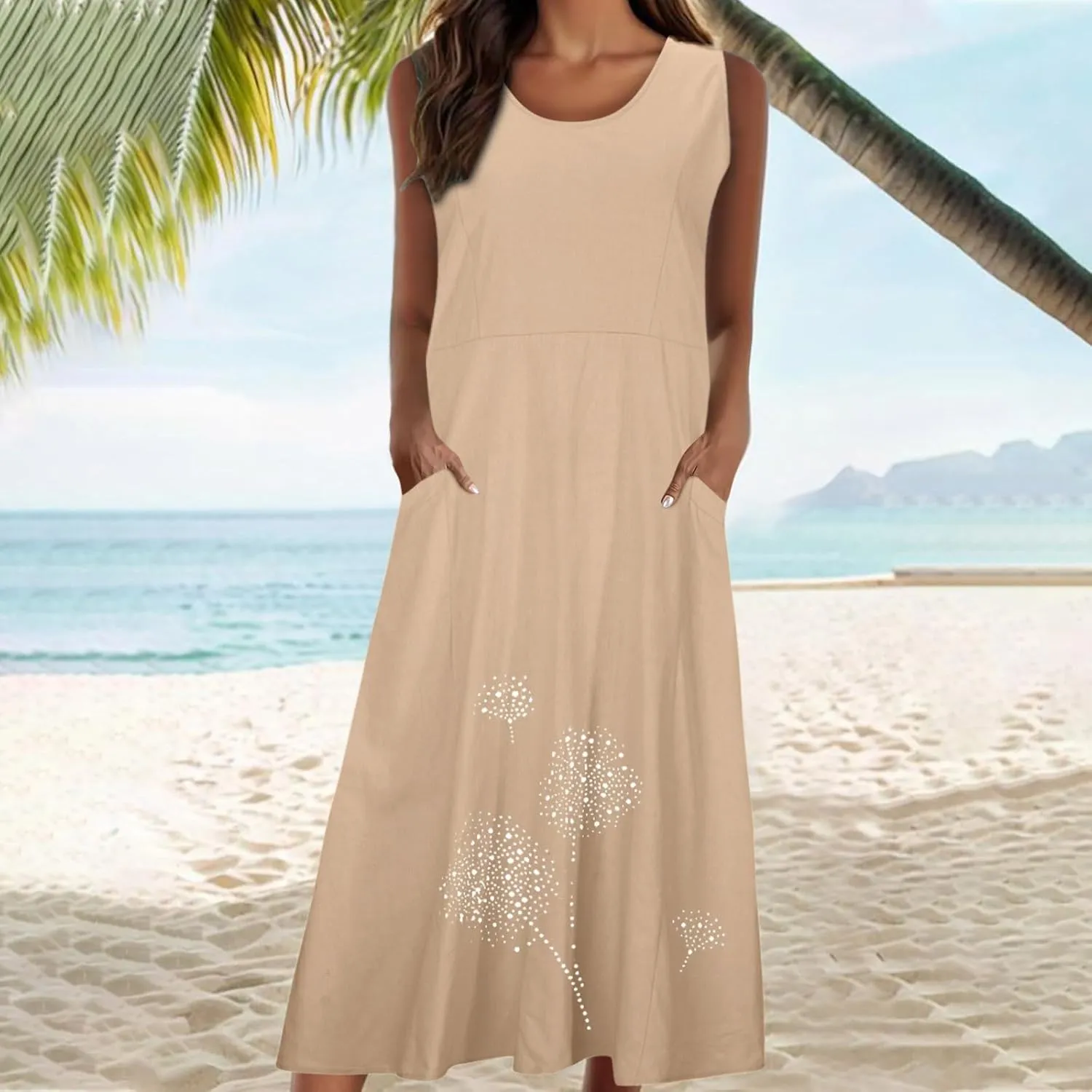 Womens Summer Cotton Linen Long Dress Loose Fit Sleeveless Flowy Dresses 2025 Plus Size Casual Dress with Pockets