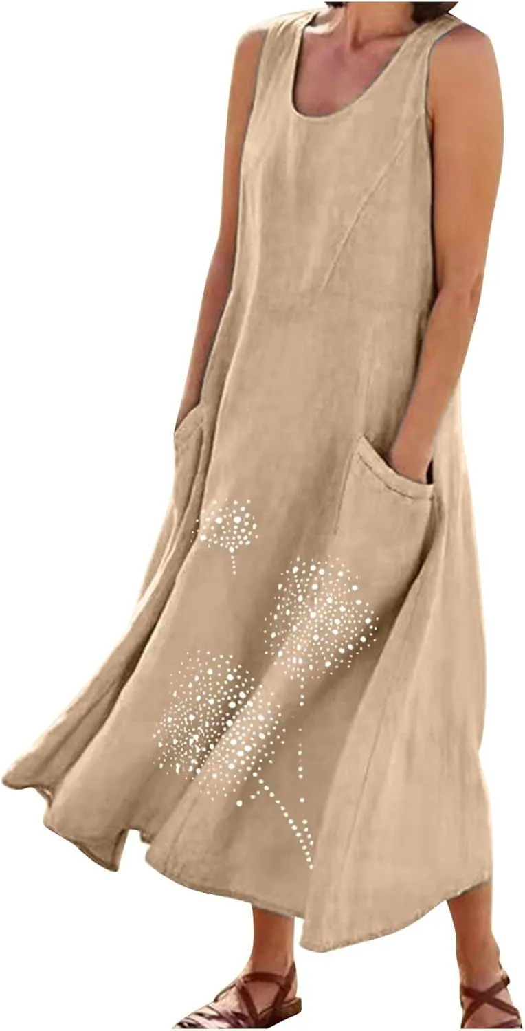 Womens Summer Cotton Linen Long Dress Loose Fit Sleeveless Flowy Dresses 2025 Plus Size Casual Dress with Pockets