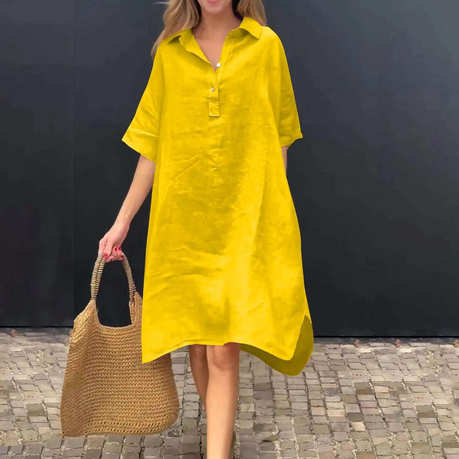 Womens Summer Dresses Linen Casual Short Sleeve V-Neck Button Sundress Fashion Loose Pleated Vacation Clothing
