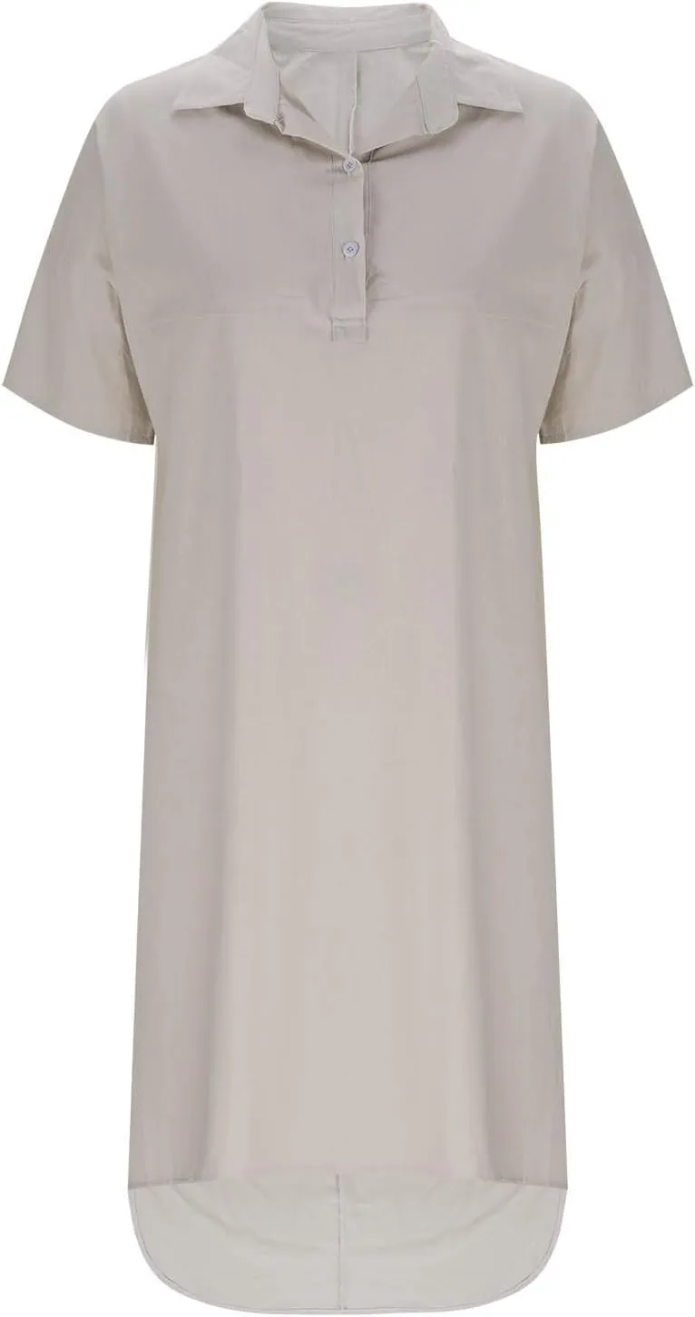 Womens Summer Dresses Linen Casual Short Sleeve V-Neck Button Sundress Fashion Loose Pleated Vacation Clothing