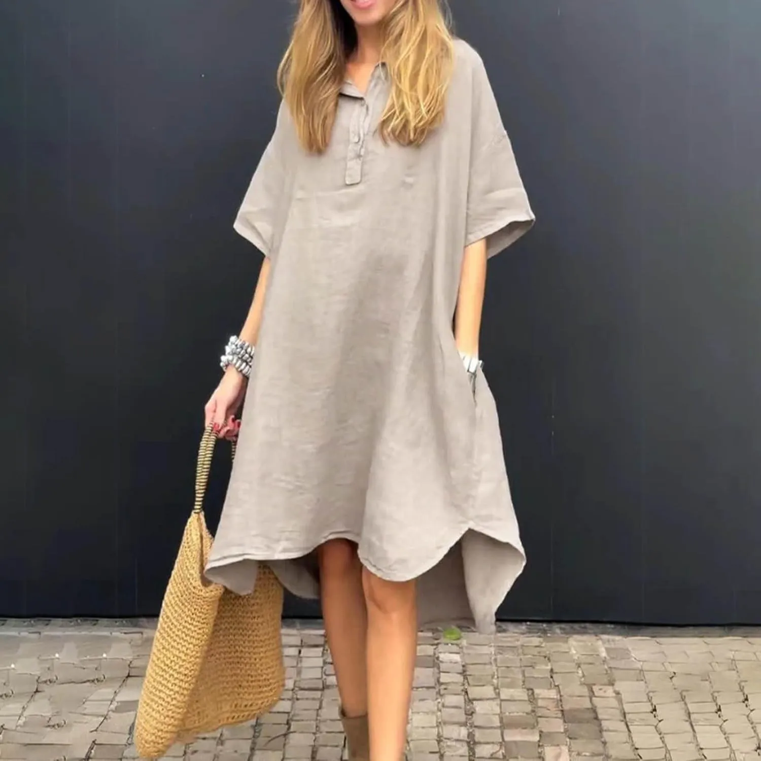 Womens Summer Dresses Linen Casual Short Sleeve V-Neck Button Sundress Fashion Loose Pleated Vacation Clothing