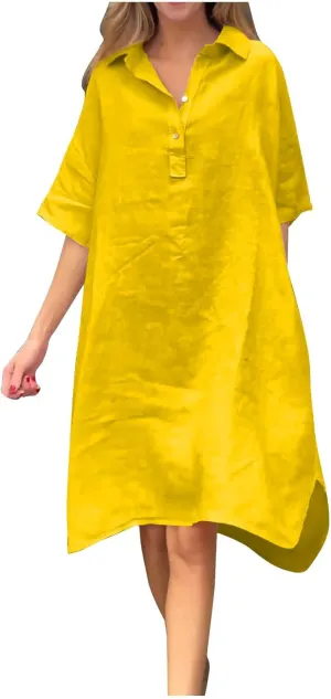 Womens Summer Dresses Linen Casual Short Sleeve V-Neck Button Sundress Fashion Loose Pleated Vacation Clothing